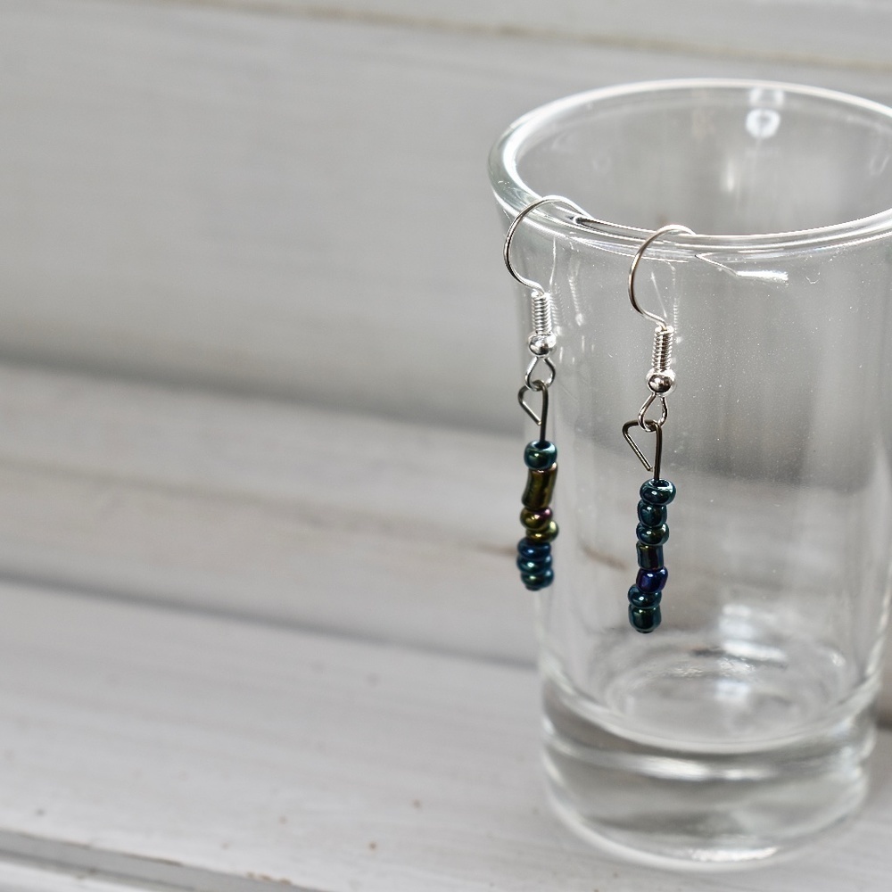 Metallic Green and Purple Beaded Earrings